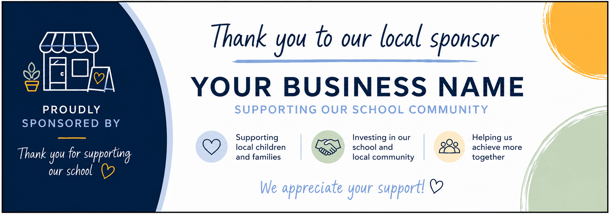 Example school calendar details panel featuring a local business sponsor