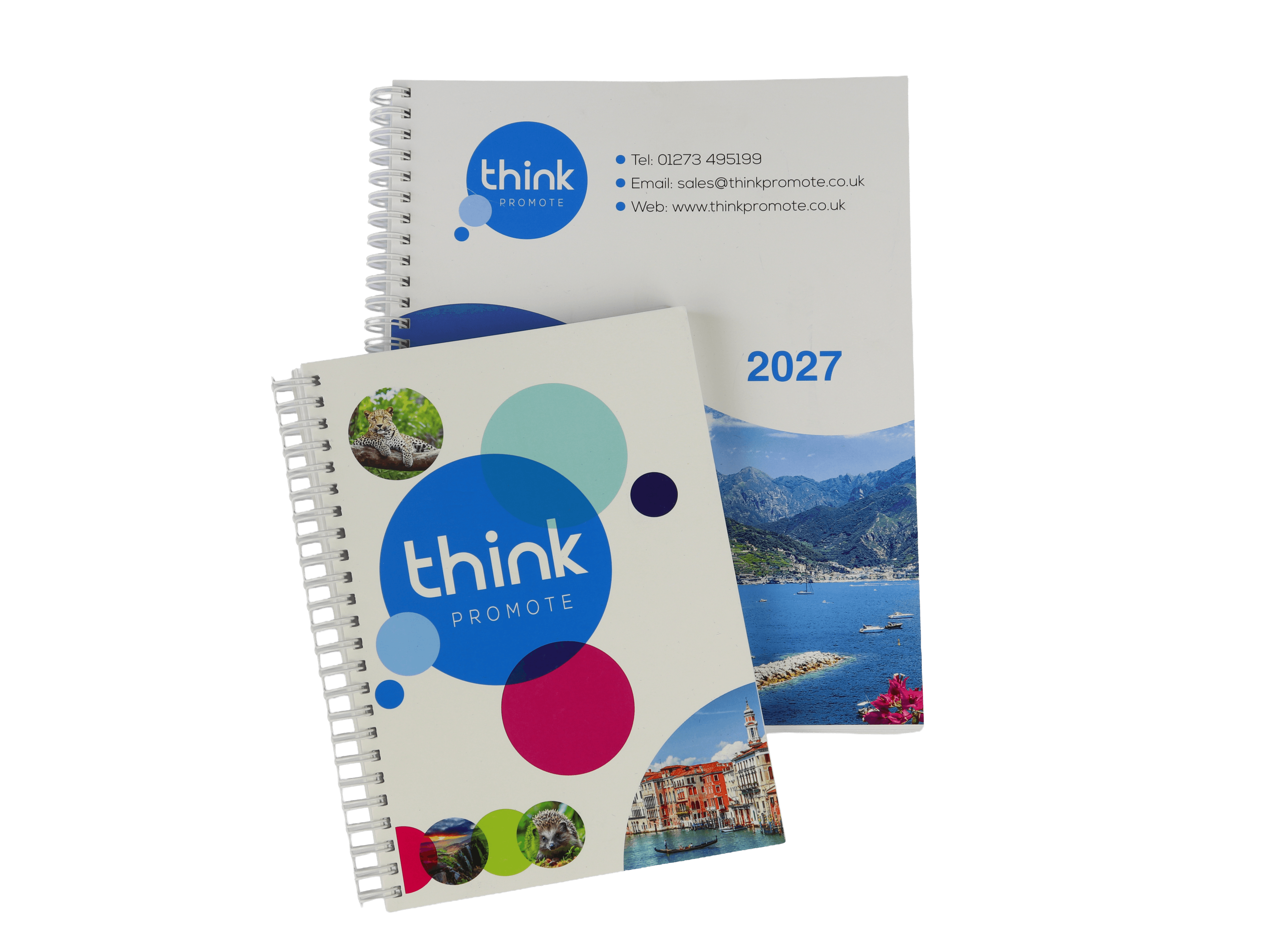 Two wire-bound promotional samples printed with Think Promote branding