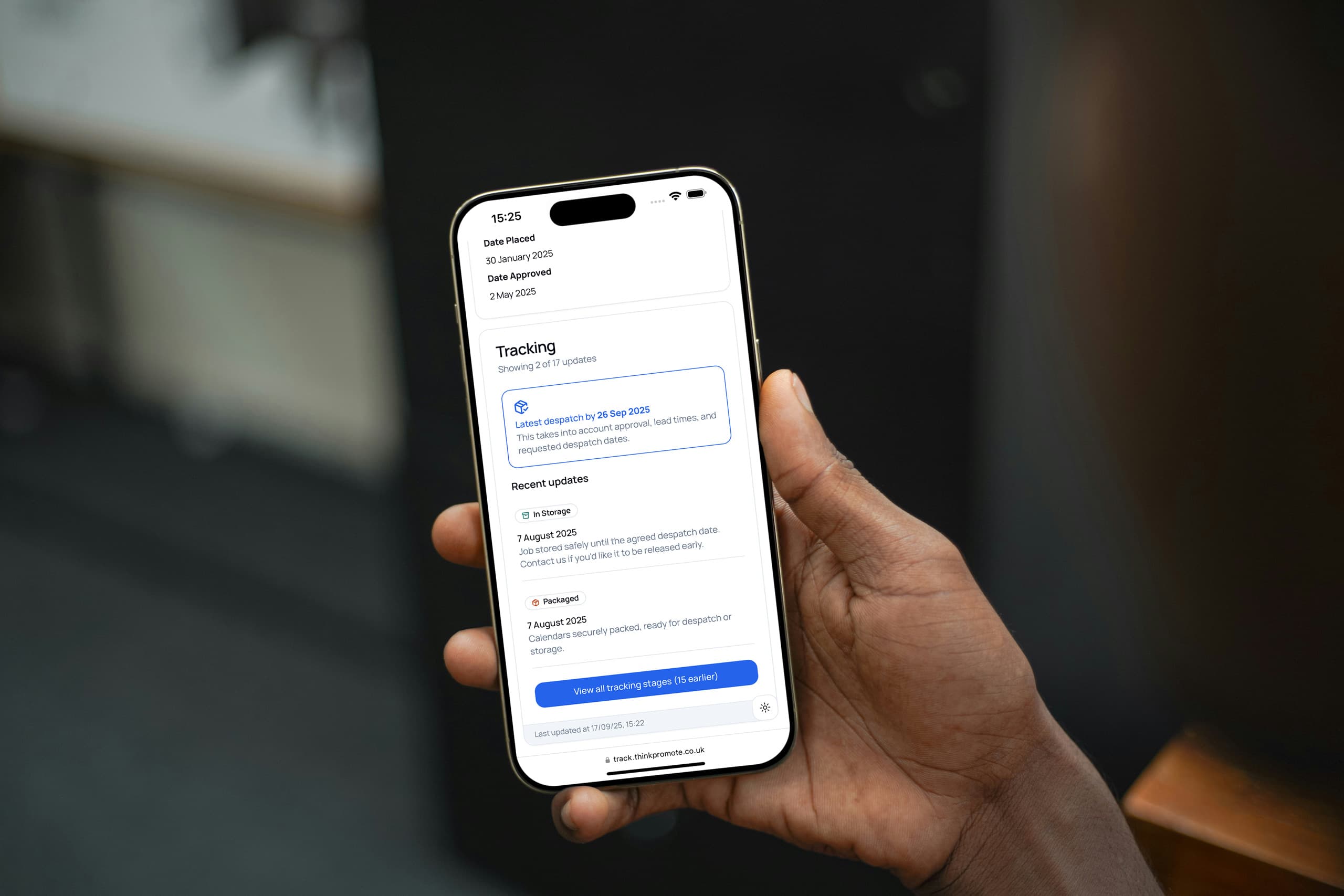 Track My Order shown on a phone, following an order through production