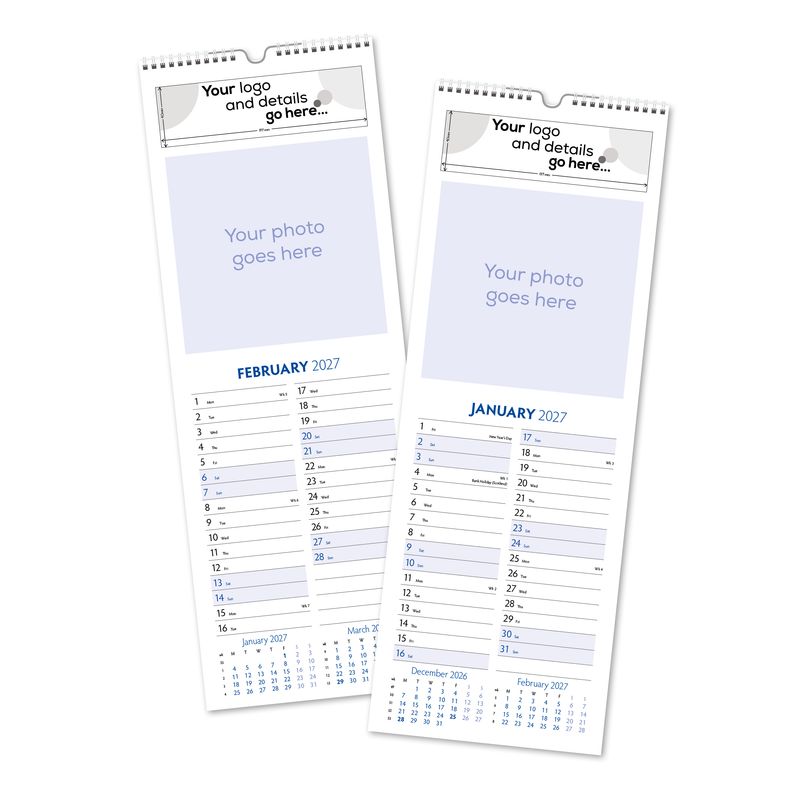 Slimline Wall Calendar shown as two finished calendar leaves