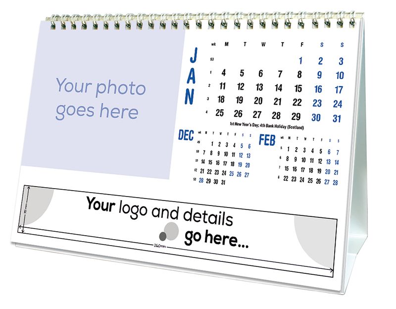 Full Drop Vertical 3 Month Desk Calendar shown on its desk stand