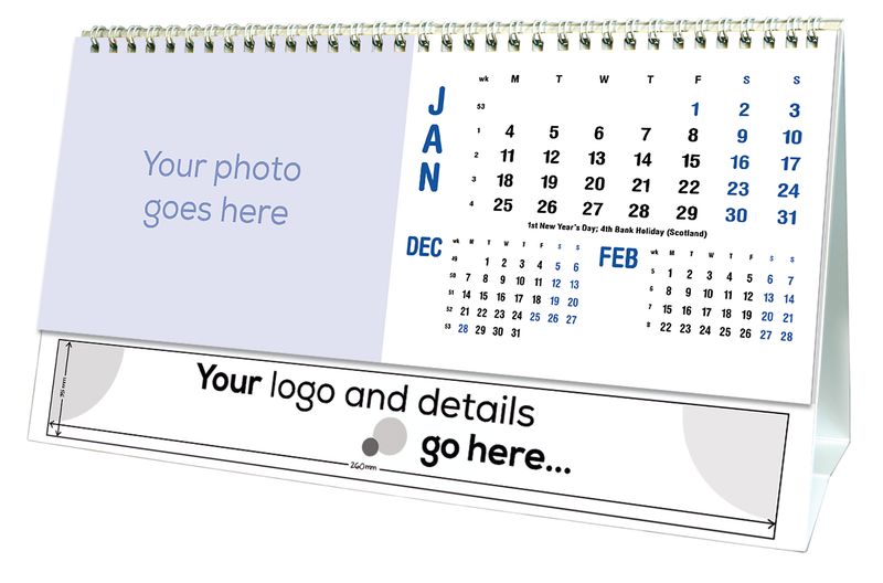 Short Drop Vertical 3 Month Desk Calendar shown on its desk stand
