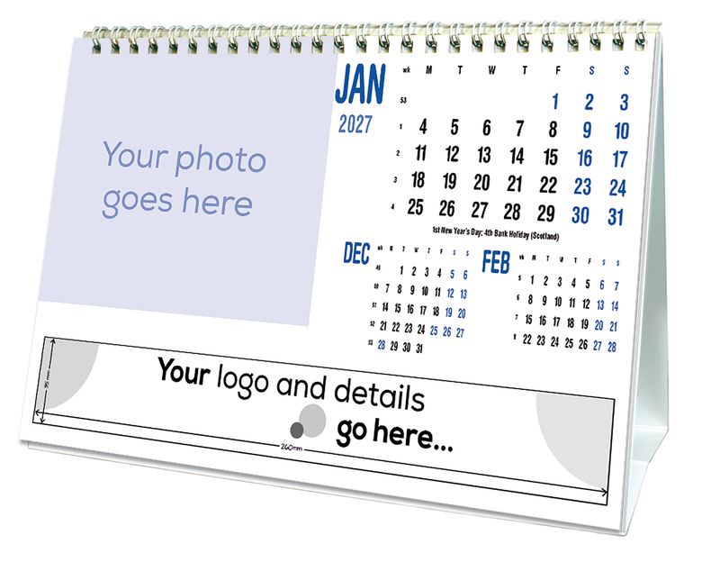 Full Drop 3 Month Desk Calendar shown on its desk stand