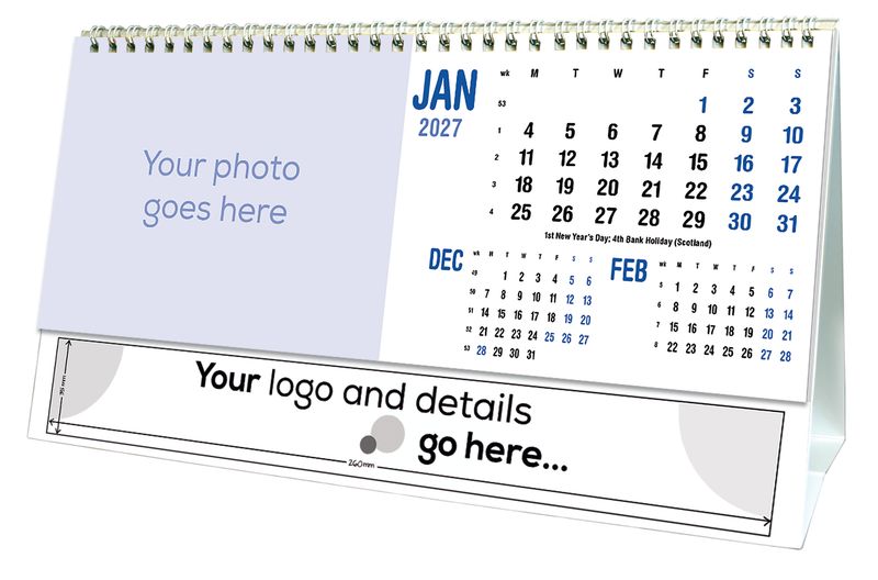 Short Drop 3 Month Desk Calendar shown on its desk stand