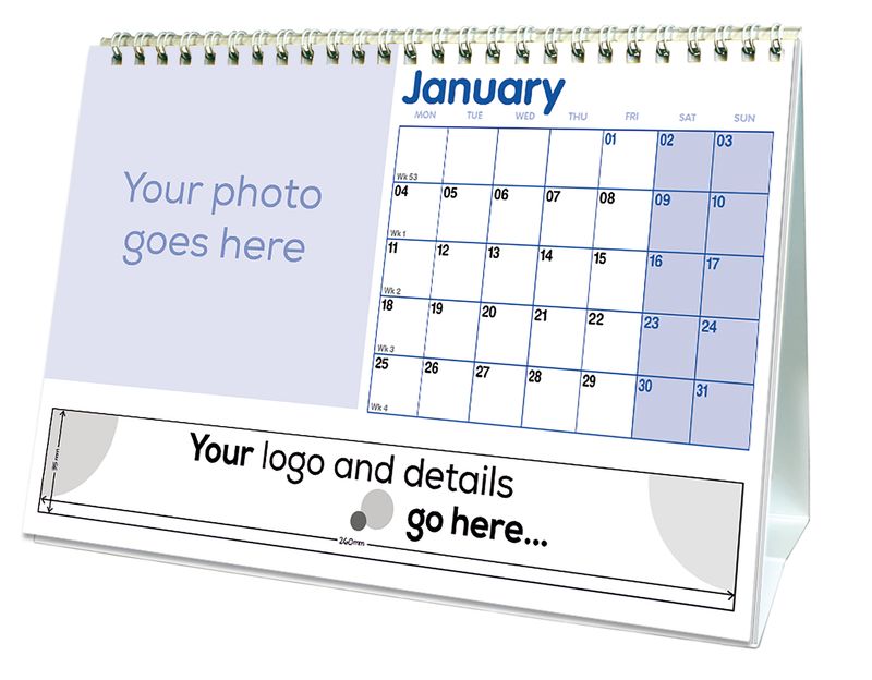 Full Drop Boxed Desk Calendar shown on its desk stand