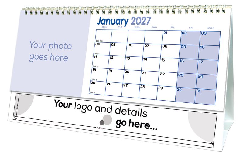 Short Drop Boxed Desk Calendar shown on its desk stand