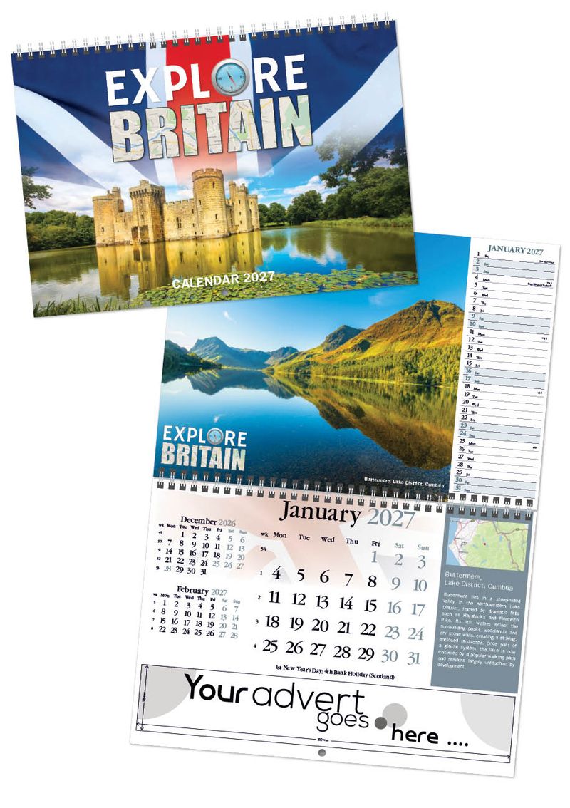 Explore Britain Deluxe Central Wiro Wall Calendar, 2027 edition